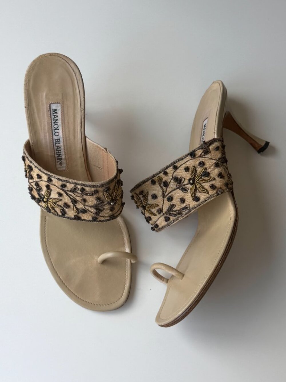 Vintage Manolo Blahnik Embroidered Toe-Ring Sandals, IT 38.5, approx. US 8